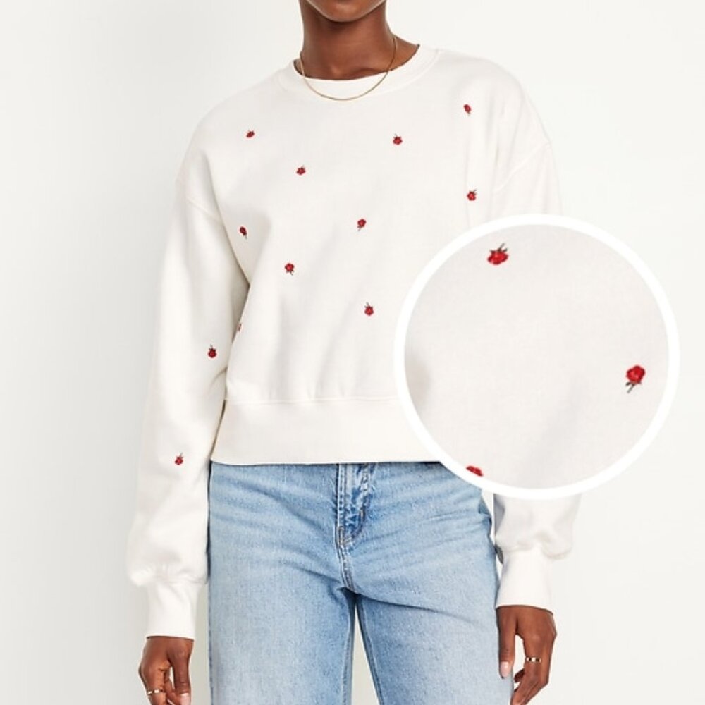 Old Navy So Comfy Crewneck Sweatshirt White Embroidered Rose Pullover Size XXL